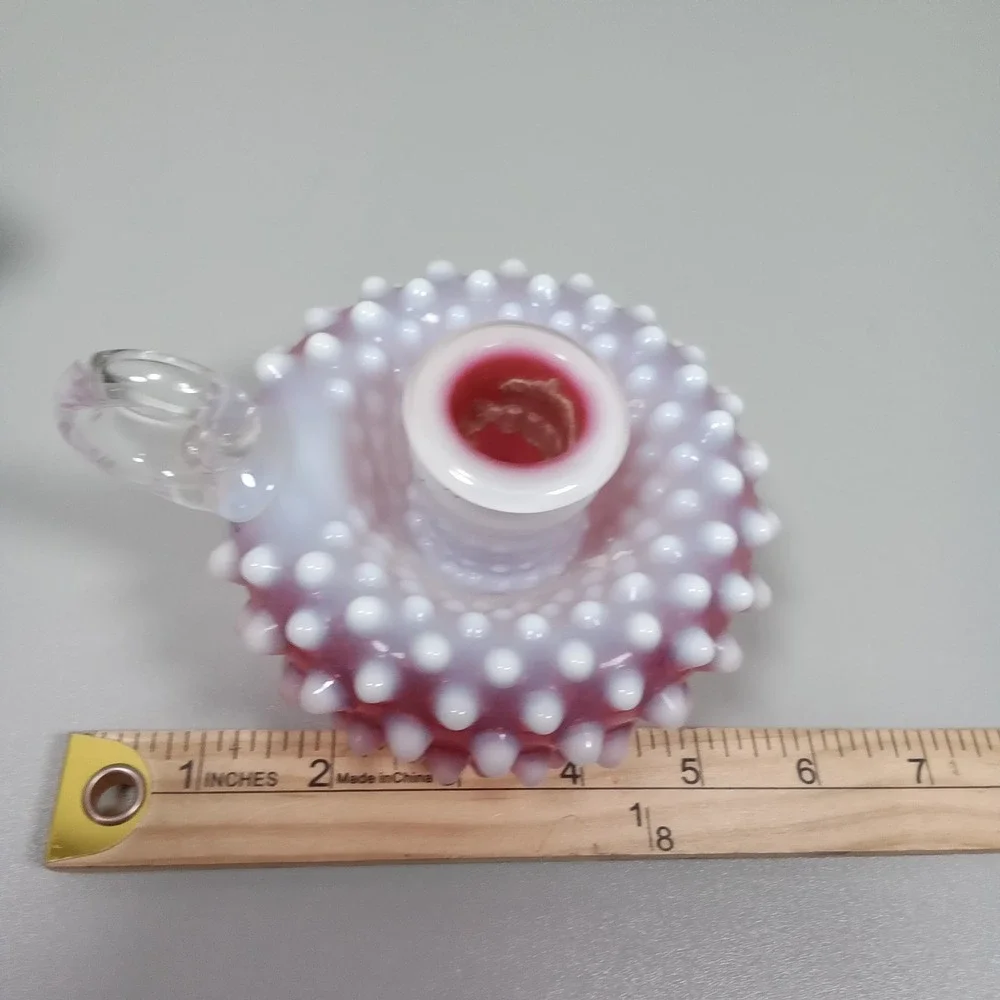 Vintage Cranberry Opalescent Hobnail Glass Candle Holder Chamberstick Pink White